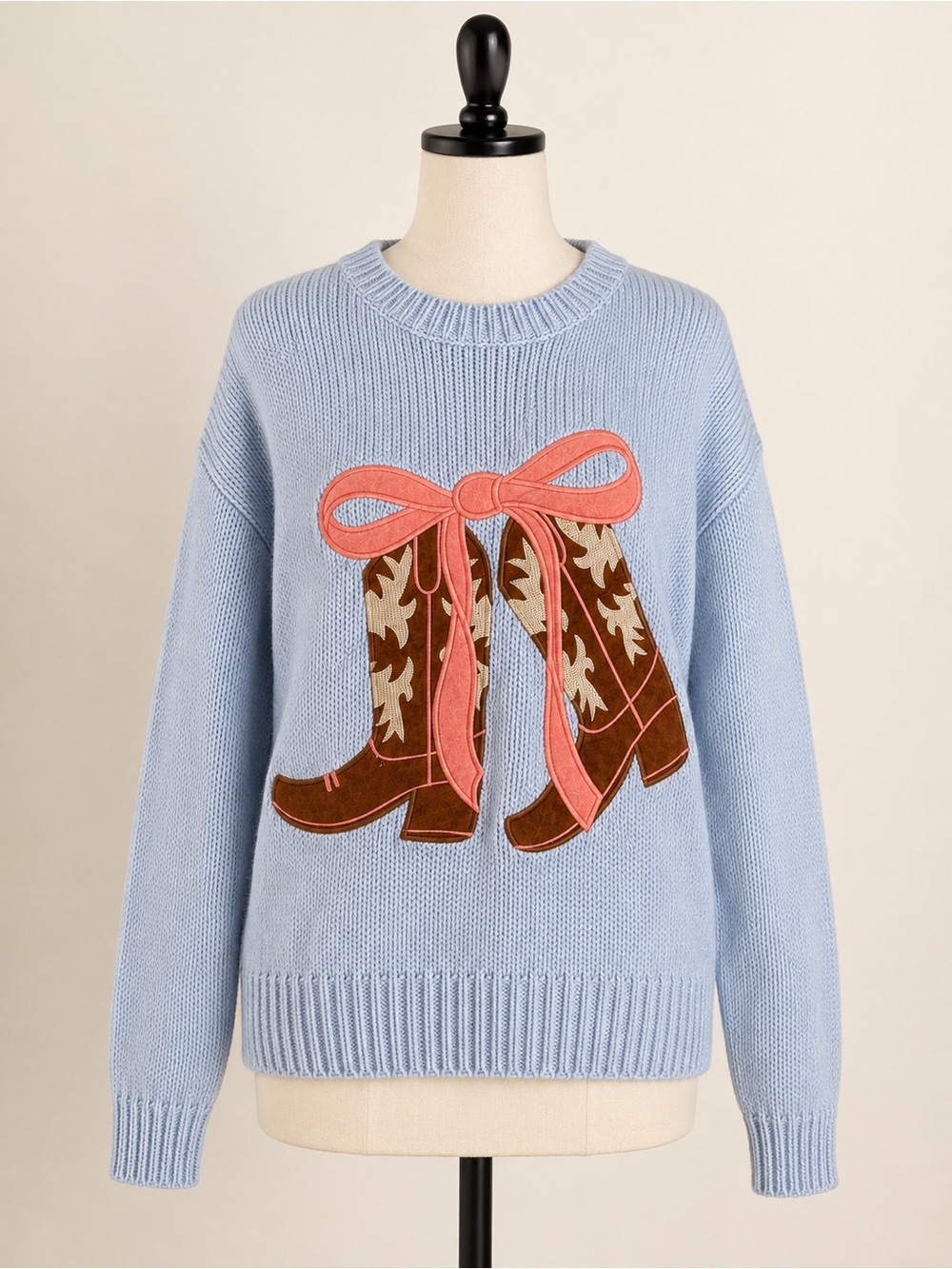 Western Cowboy Boot Bow Appliqué Chunky Knit Sweater Blue Pink Coquette Sz L